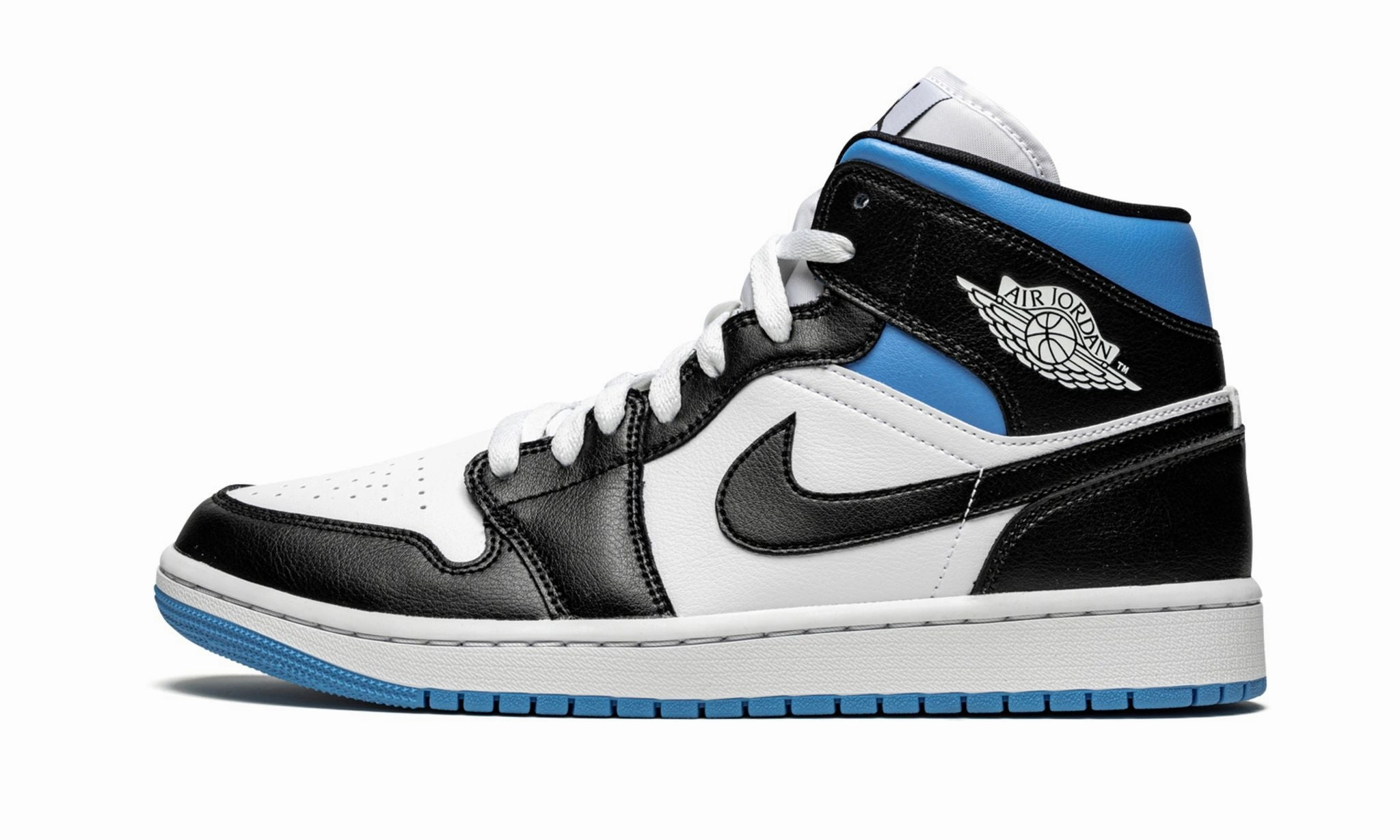 Wmns Air Jordan 1 Mid Black White University Blue Smart Comfort Soft Leather Finish