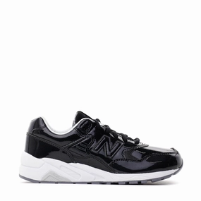 NEW BALANCE REVLITE WOMEN PATENT LEATHER BLACK SILVER WRT580MT Retro Style Street Edge