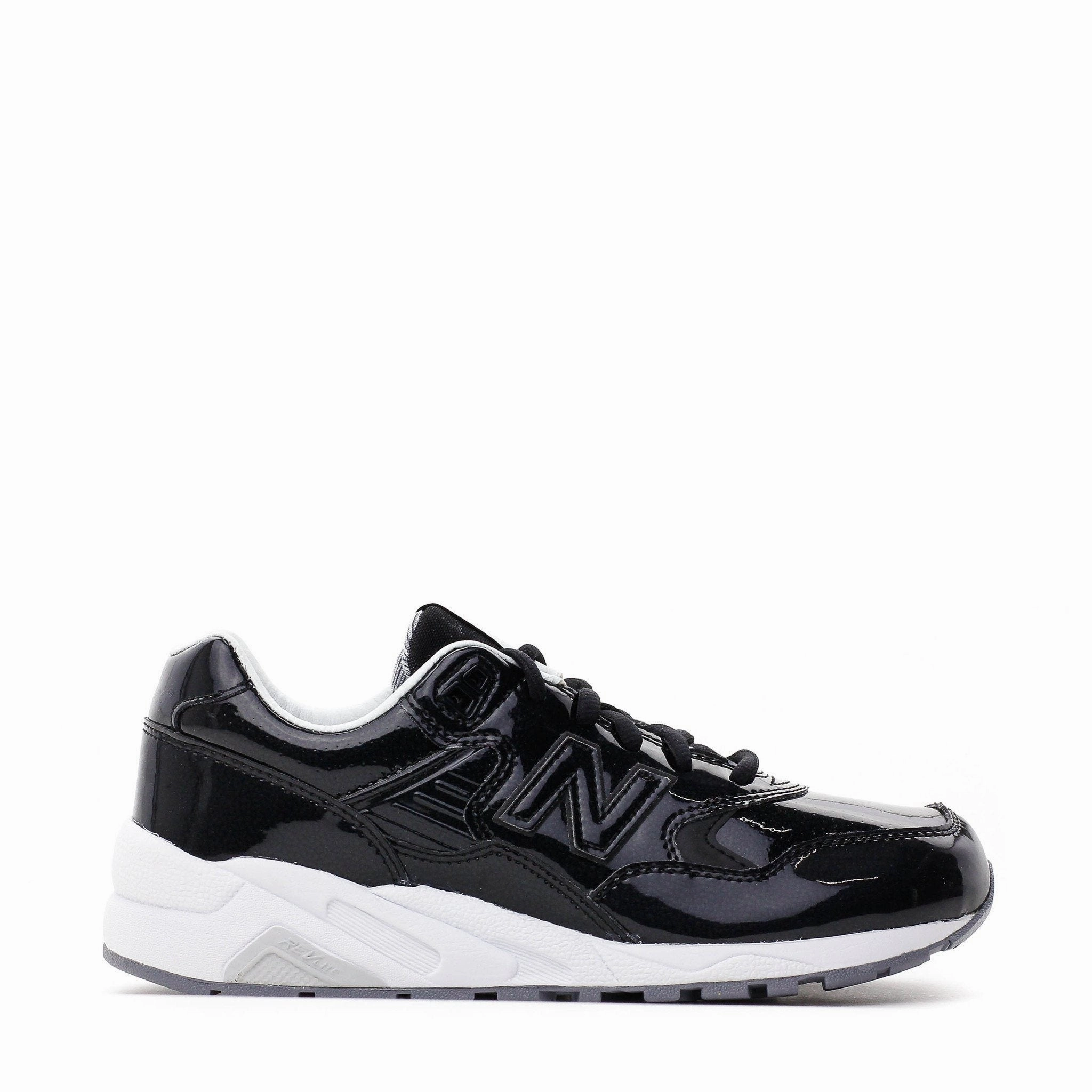 NEW BALANCE REVLITE WOMEN PATENT LEATHER BLACK SILVER WRT580MT Retro Style Street Edge